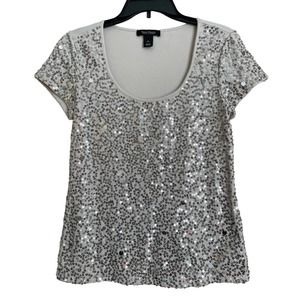 White House Black Market Cream with Silver Sequins Top Sz Small